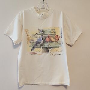 Vintage Hallmark Birds Print Cream Cotton T-shirt Size M